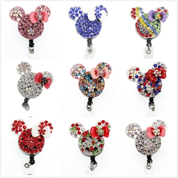 

Hot selling 9 styles mouse rhinestone nurse Retractable ID Badge Holder reel