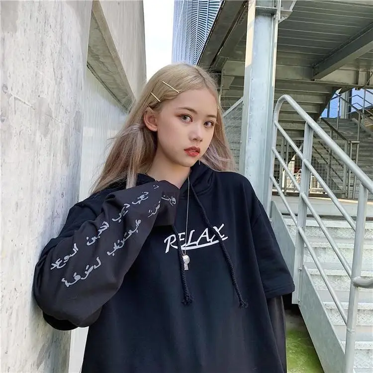 Толстовки Kpop размера плюс, Женская толстовка с буквенным принтом, уличная одежда, больше размера d, Гарри Стиль, толстовка с капюшоном, волшебная имитация двух частей, готический стиль, осень