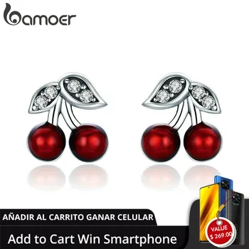 

BAMOER Fashion 925 Sterling Silver Summer Cherry Red Enamel & CZ Stud Earrings for Women Sterling Silver Jewelry Gift SCE404