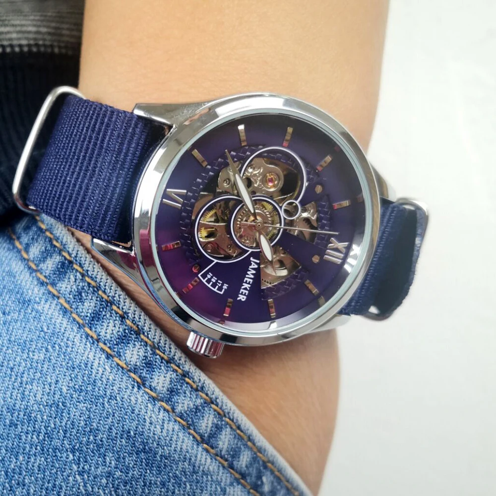 Jameker синий холст Relojes Hombre 2020 дизайн скелет открытые работы мужские Бизнес