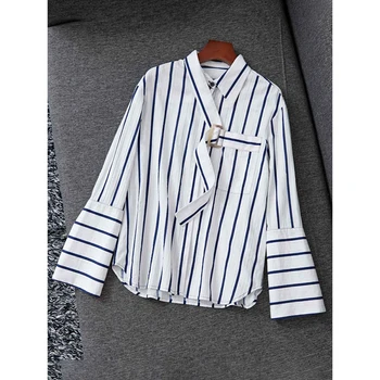 

Autumn Fashion Designer Cotton shirt Women's Striped Print Pockets Turn-down Collar Flare Sleeve Cotton shirt Tops