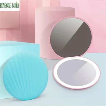 

Lights LED Shell HD Makeup Mirror Mini Magnify Hand Held Fold Portable USB Connect Cable Battery Chargeable Cute Selfie Mirror