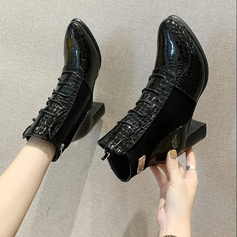 

Winter Boots Ankle Boots Women Shoes Woman Boots Fashion High-heeled Snakeskin Pattern PU Boots 2019 Winter Short Fur Warm X488