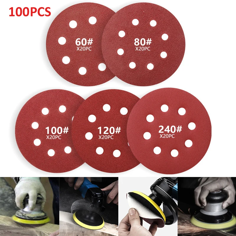 100pcs 5 inch 8 Hole Round Flocking Sandpaper Self-adhesive Angle Grinder Sheet