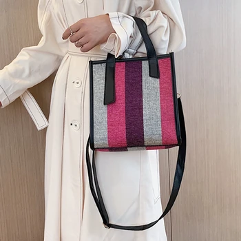 

Women Vintage Panelled Striped Tote Handbags Wool Canvas Zipper Crossbody Shopping Bag Ladies Soft High Capacity Shoulder Bags