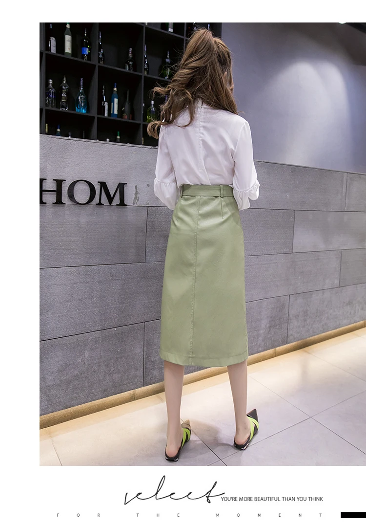 REALEFT New Midi PU Leather Skirts Fashionable Midi Skirt With Pocket Slash Bottom Split Women Casual Skirts Female