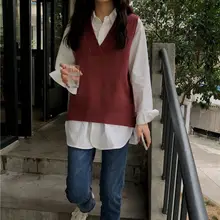 Повседневный свитер, свободный Однотонный свитер с капюшоном и v-образным вырезом, теплый вязаный жилет с разрезом