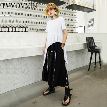 

Loose Women White Asymmetrical Hem Drawstring Split T-shirt New Round Neck Short Sleeve Fashion Tide Spring Autumn 2020 C009
