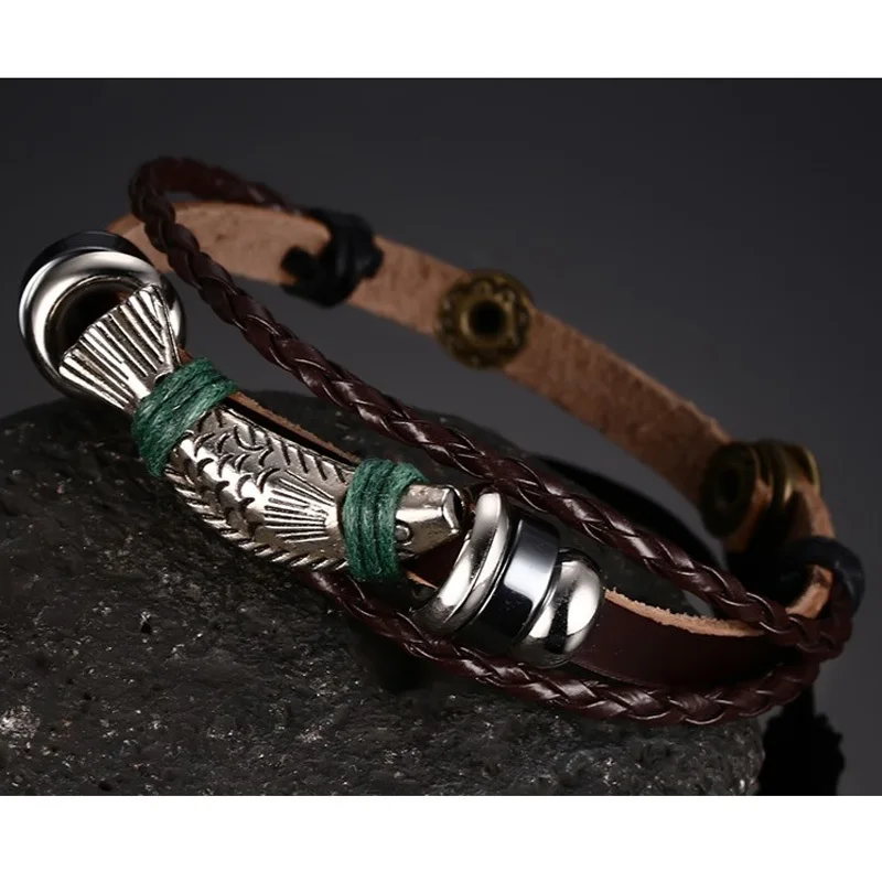 Мужской кожаный браслет форель с серебряным тональным рыбьим кожаным браслетом в коричневой плетеной веревочке, мужские ювелирные изделия