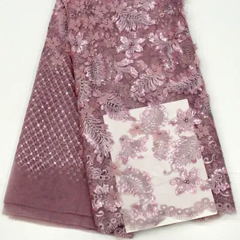 

African Sequins Blush Pink Net Lace Fabric 2019 High Quality Nigeria Beads Embroidery Lace for Women Dress Lace Fabric 5 yards