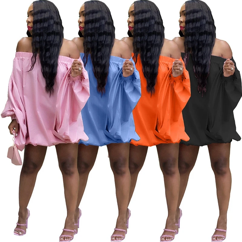 

2021 Autumn Long Lantern Sleeve T Shirt For Women Off The Shoulder Casual Loose Mini Dress Sexy Nightclub Party Bodycon S-XXL