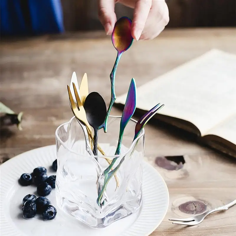 Silverware Retro Branch Knife Fork Spoon Baby Steel Titanium Stainless Spoons 3 Pcs