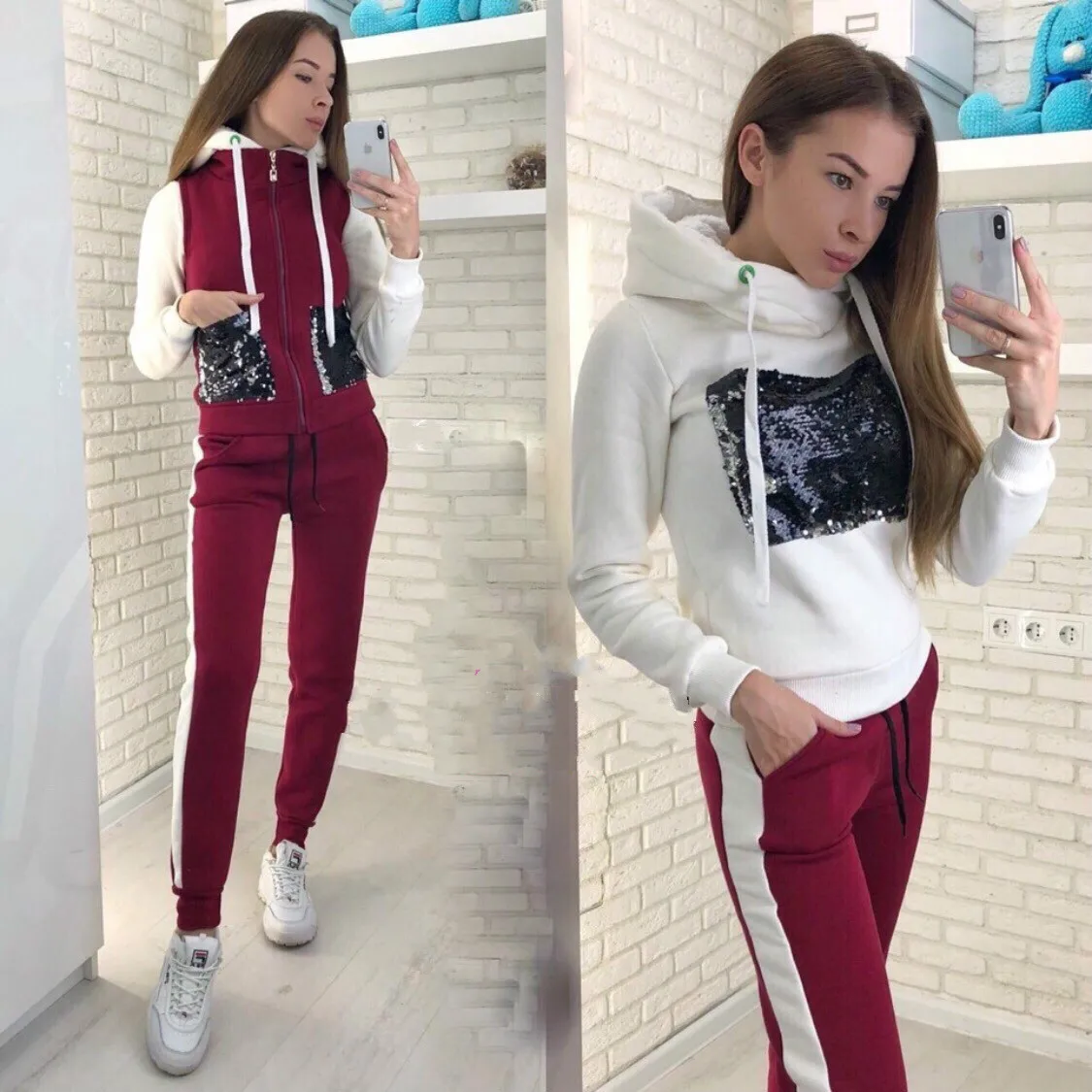 

2019 New Winter Women's Sports Casual Sequin Stitching Warm Suit Three-piece Suit 3 Pc Women Set
