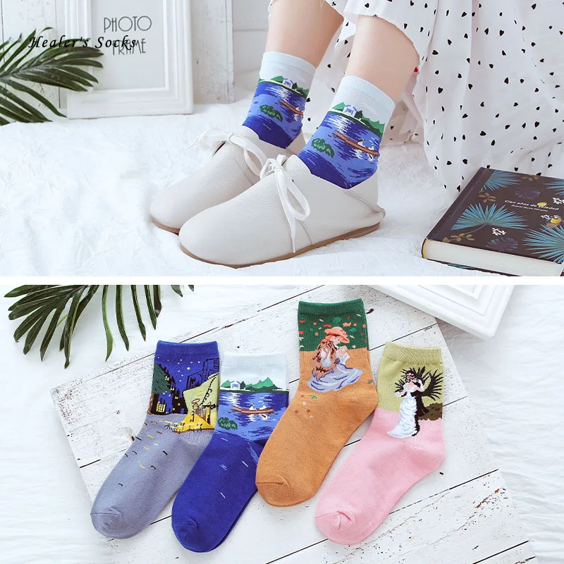 Новые модные женские носки из хлопка цветной арт в скандинавском стиле картина