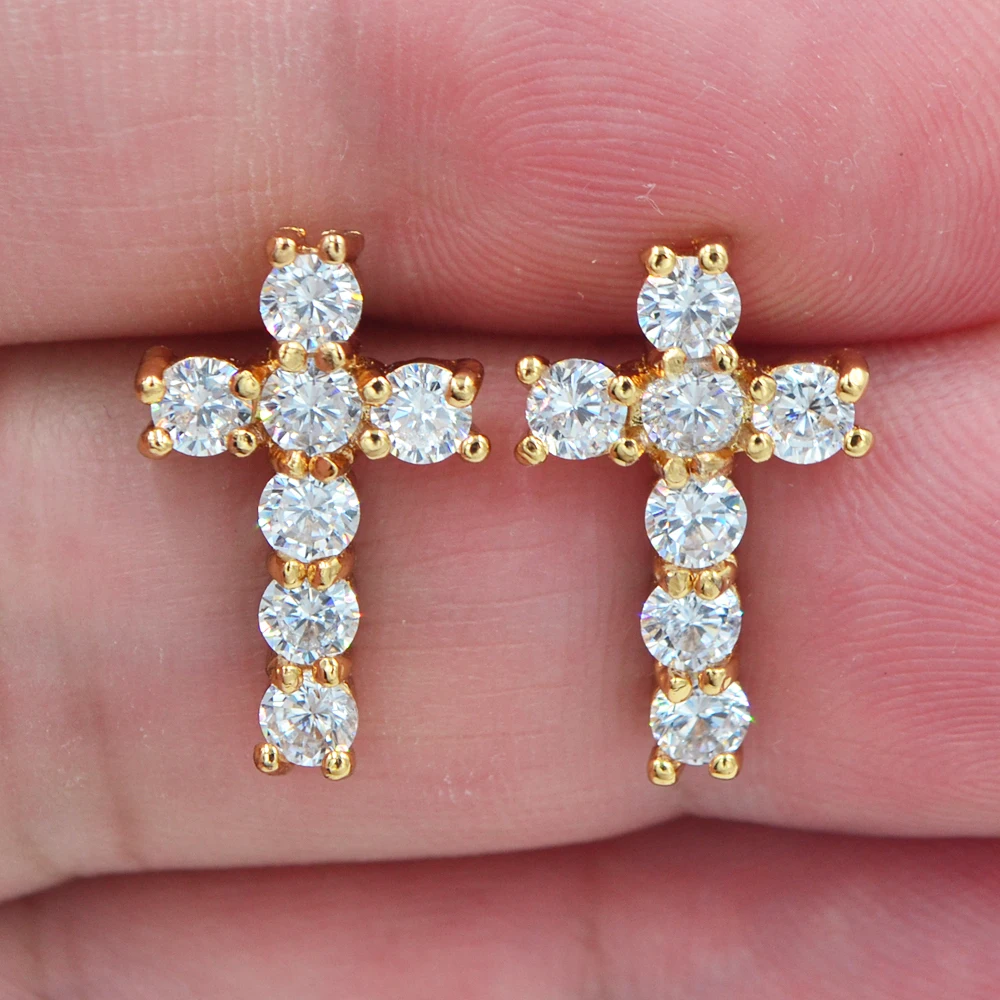 Fashion Jewelry Gold Color Clear Zircon CZ Stone Religious Cross Stud