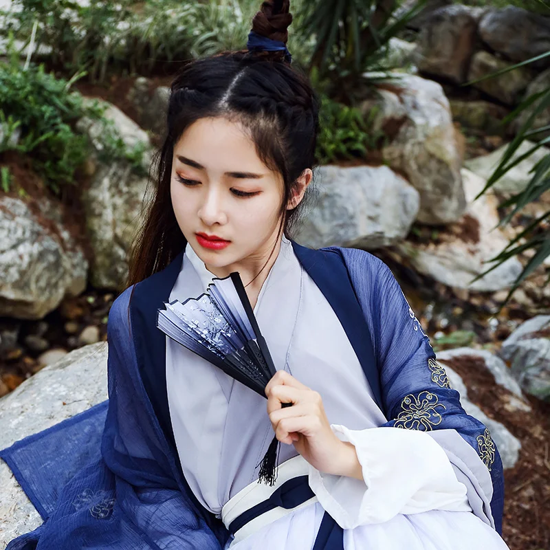 Синий Вышивка танцевальные костюмы Hanfu для женщин народный фестиваль наряд певцы рейв представление одежда древняя фея платье DC2723