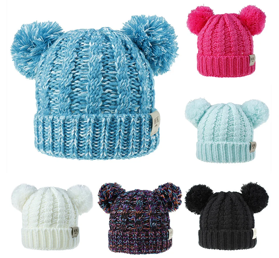RUINPOP Beanie шляпа с двойным помпоном детская шапка Skullies шапка Детские Зимние трикотажные шапки для детей модный дизайн