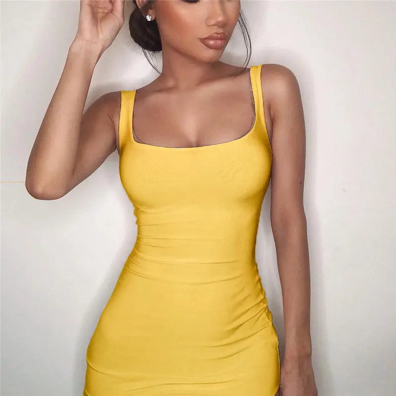 2021 Square Neck Sleeveless Shoulder Bodycon Mini Dress Basic Women Summer Black Backless Party Sexy Yellow Clubwear Dresses