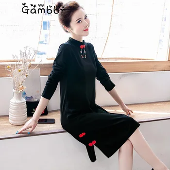 

Retro Simple Long Sleeve Elegant Slim Improved Cheongsam Dress Fashion Frog Black Qipao Dress Traditional Chinese Party Dress