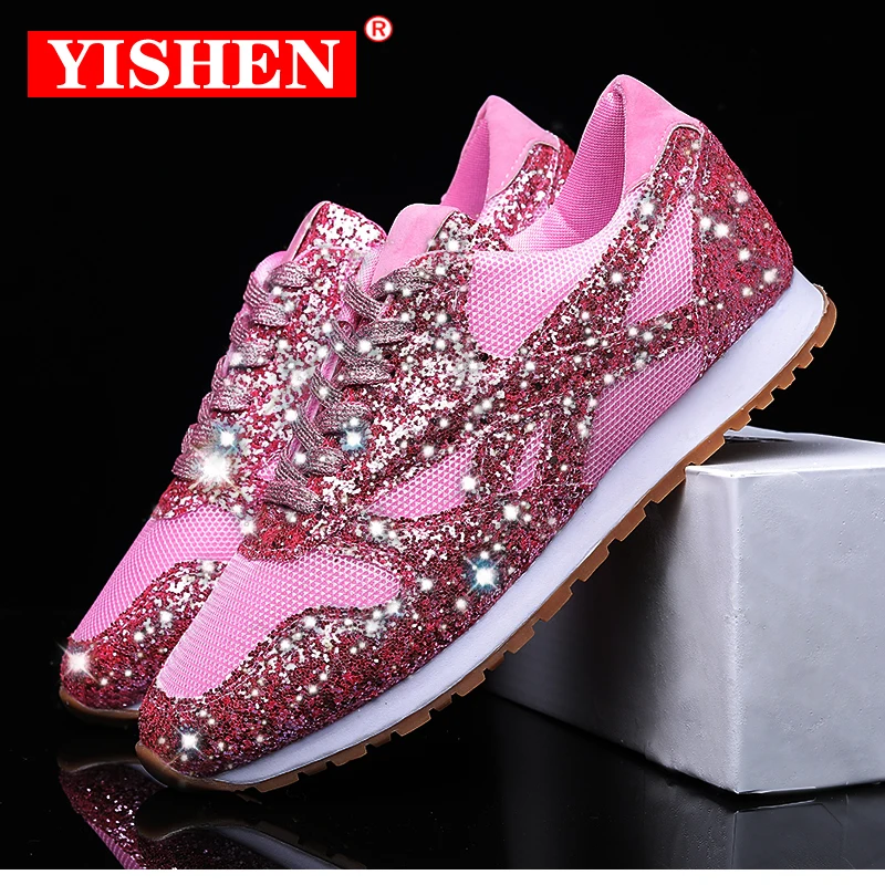 YISHEN-zapatos informales para mujer, zapatillas planas transpirables con cordones para caminar, Tenis femeninos planos de cristal brillante 2021