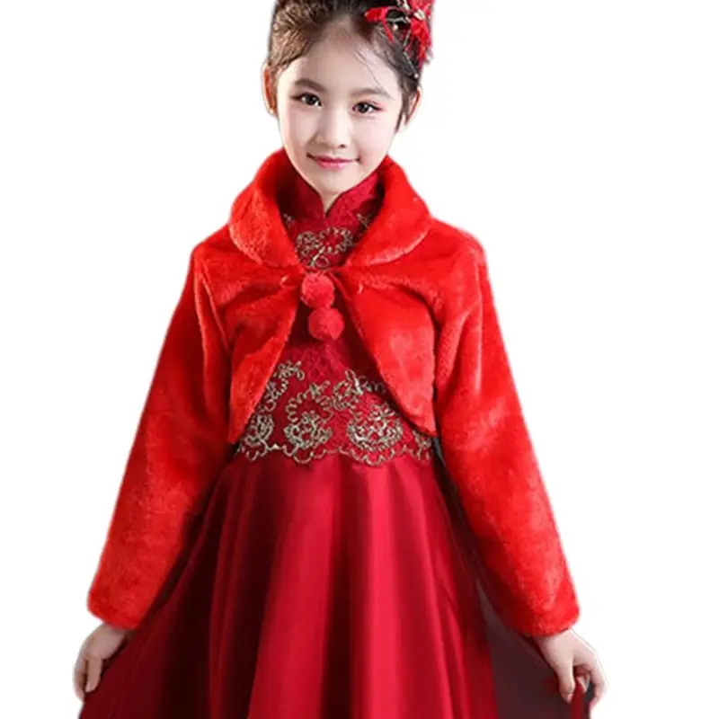 Детское плотное плюшевое Болеро-болеро принцессы с длинными рукавами для девочек; накидка на свадьбу, день рождения, вечеринку; жакет с помпоном и галстуком - Цвет: Красный