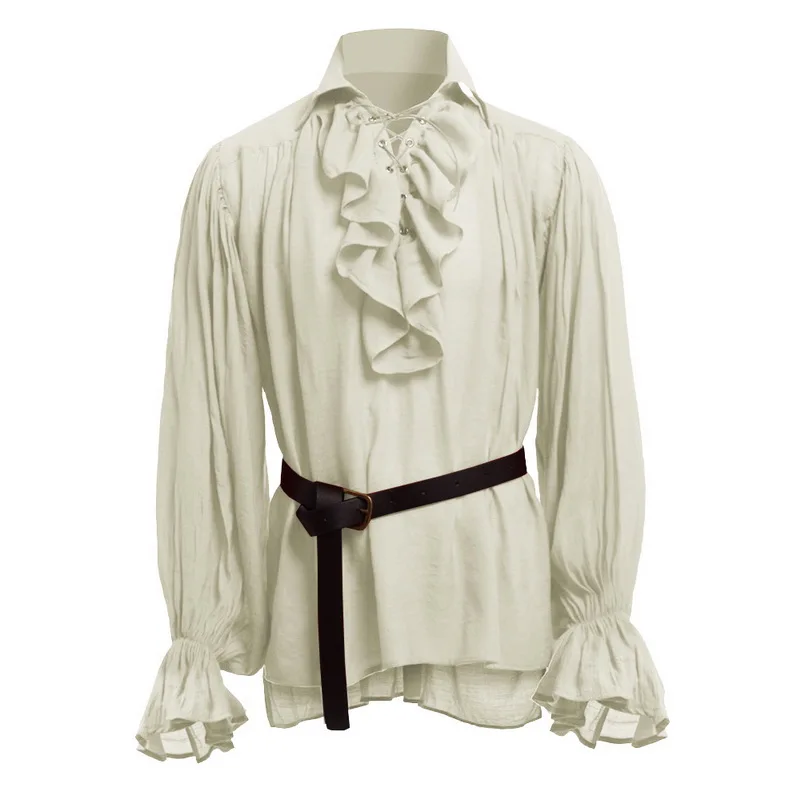 

Mens Fashion Retro Puff Sleeve Ruffles Shirts 2019 Mens Solid Color Lace Up Slim Fit Pullovers Medieval Performance Costumes