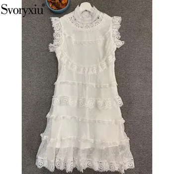 

Svoryxiu Fashion Lace Embroidery Dot White Mini Dress Women's Sexy Sleeveless Summer Beach Vacation Short Dresses Female