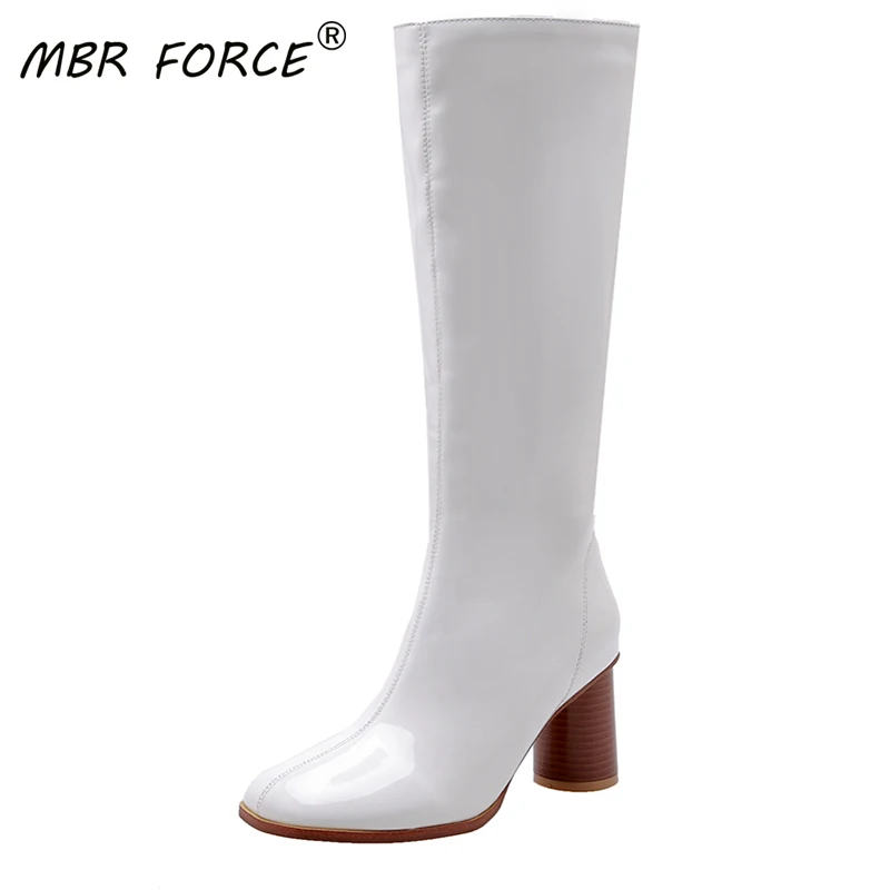 

MBR FORCE 2020 new ladies autumn and winter fashion high quality pu patent leather round heel high heel casual wild high boots