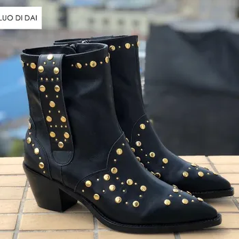 

2019 new women ankle boots block heel point toe boots women spike stud boots ladies party shoes black leather western booties