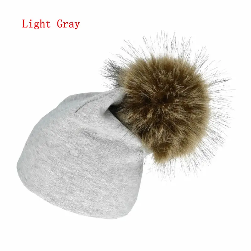 Light Gray Детская шапка осень зима мода прочный мягкий хлопок для маленьких мальчиков и девочек шапочка мех помпон шапка D08C - Цвет: Light Gray