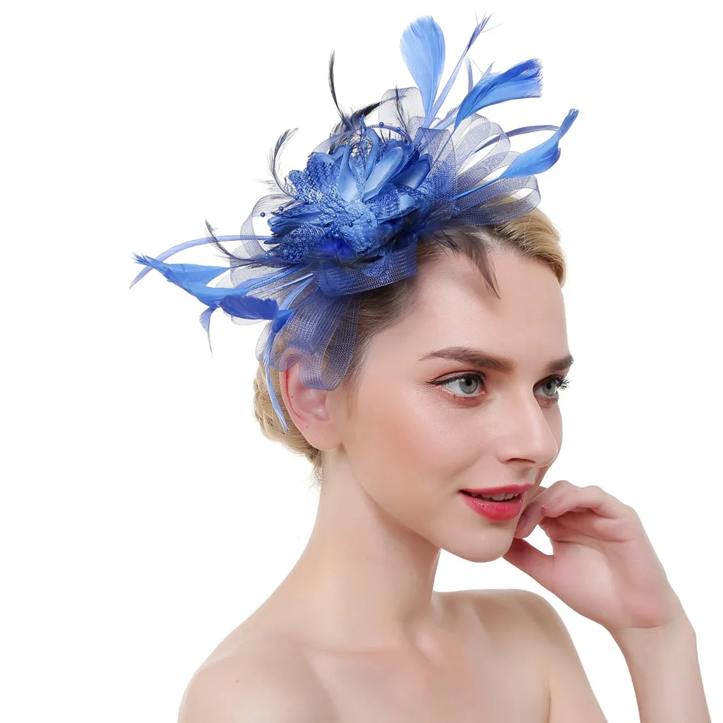 Women Mesh Ribbons Feathers Headband Cocktail Tea Party Hat Headwear For Women Jewelry 8.22