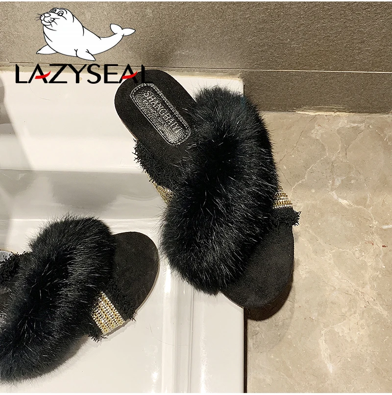 LazySeal натуральный тапочки их меха под кролика женская обувь, хлопковая ткань; женские сланцы на плоской подошве; обувь на высоком каблуке обувь в стиле шик Для женщин пушистые закрытые шлепанцы без задника с открытыми пальцами