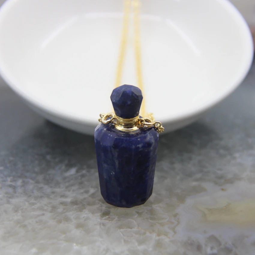 Natural Quartz Cut Faceted Perfume Bottle Pendants,Healing Crystal Essential Oil Diffuser Vial Necklace Jewelry For Women Gift