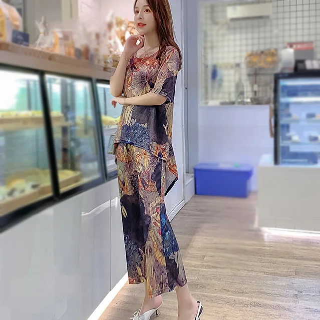 

Europe And America Vintage Printed WOMEN'S Suit Large Size Dress 2019 Summer New Style Loose Short Sleeve Trendy Two-Piece Set
