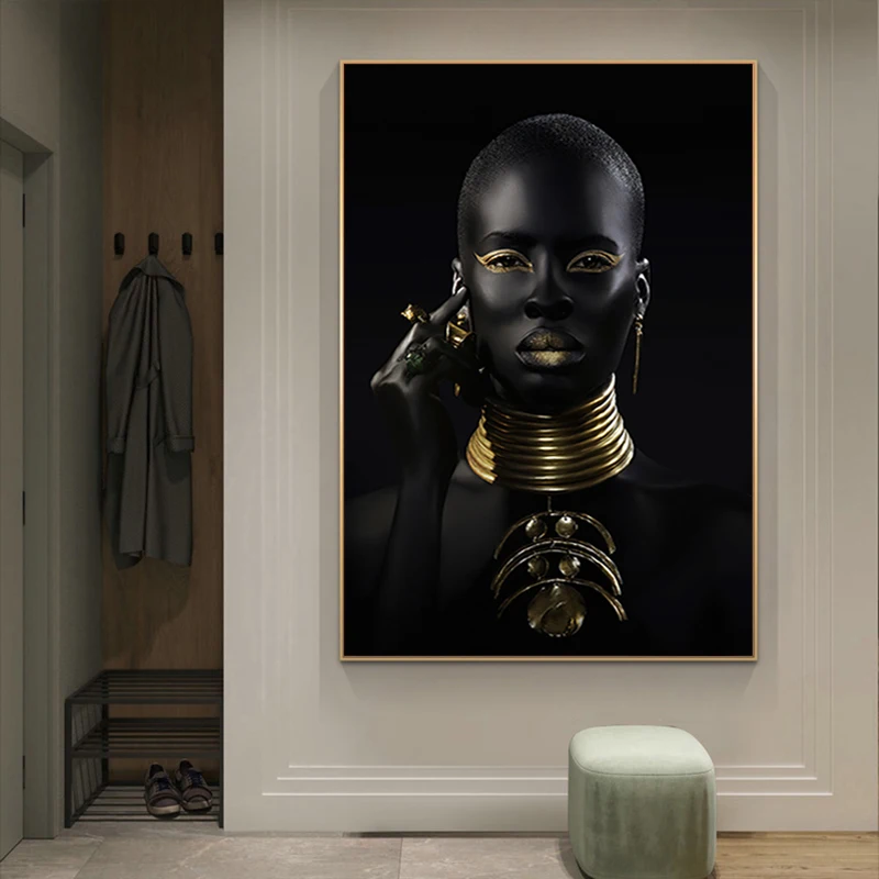 

HD Canvas Painting Wall Art With Frame Modern African Black And Gold Female Aesthetic Poster Scandinavian Home Decor Living Room