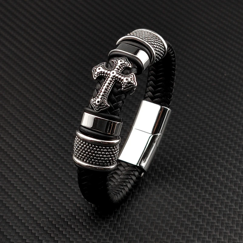 Punk MingAo Charm Stainless Steel Cross Leather Bracelet Man Charm 12*6 Black Woven Name Bracelet Magnet Clasp Brown Gift Bracelet Jewelry