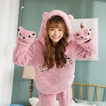 

XIFER Pajamas for Women Warm Thicken Sweet Cute Autumn and Winter Pajama Set Flannel Thickening Adorable Hooded Homewear Suit