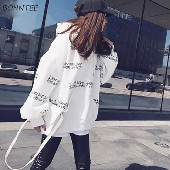 

Hoodies Women Hooded Long Letter Printed Solid Loose Womens Hoodie Korean Style Ladies Leisure Harajuku All-match Simple Trendy