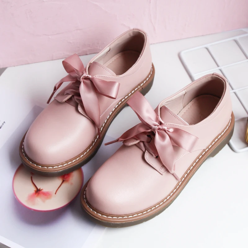 

Genuine Leather Japanese Little Pink Shoes Girl Student Cute Soft Sweet Girl Flats Shoes For Women Bow Laces Female Low Heel Cos