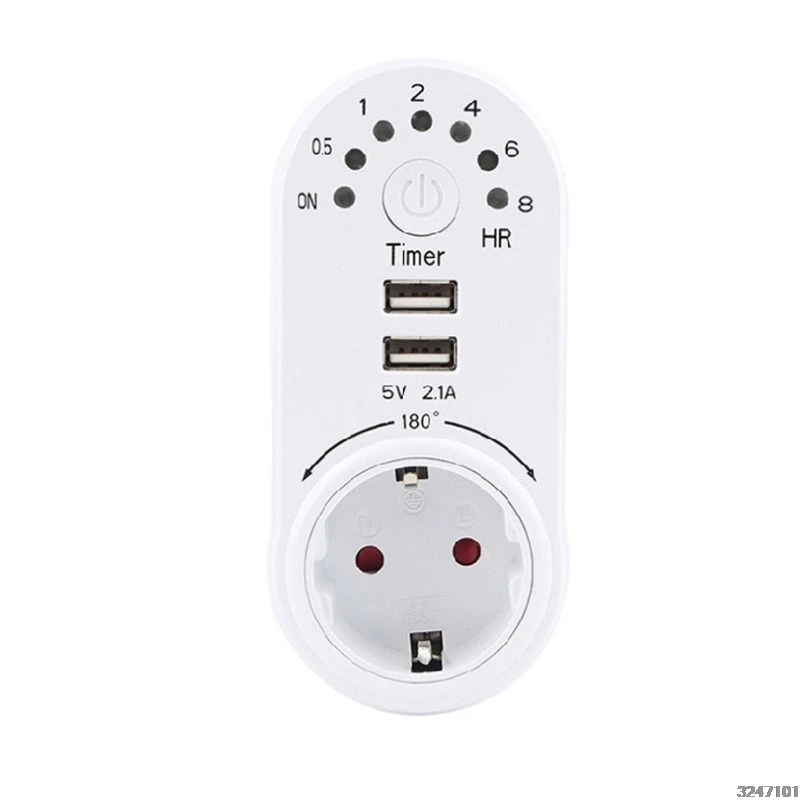

EU Plug Countdown Timer Socket Smart Control Dual USB Ports 180 Rotation 8 Hour