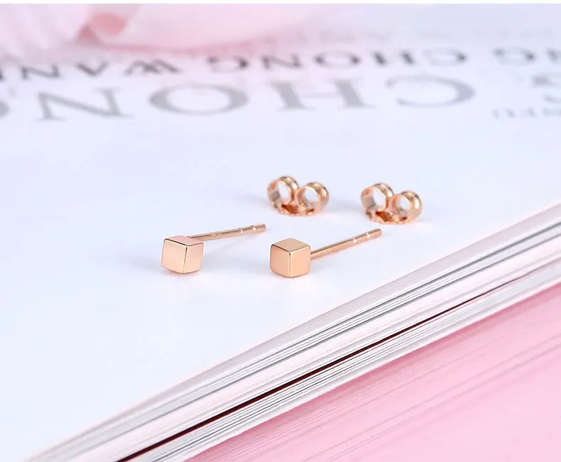 Мода квадратный покрытый 18 к настоящим True Rose твердое подлинное золото AU750 серьги-гвоздики Сережки для пирсинга для Для женщин девочек красивые Мода высококлассные, ювелирное изделие, подарок