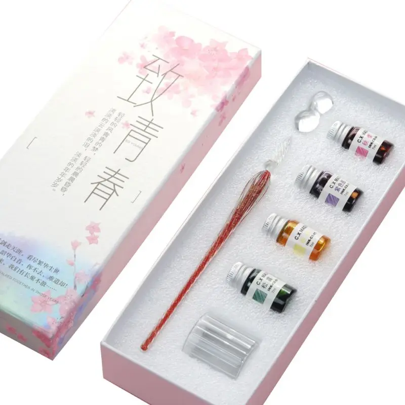 7PCS/SET Handmade Venus Glass Pen Dip Writing Ink Signature Pens Set for School Stationery Decoration Gifts Art Supplies 11UB - Цвет: Красный