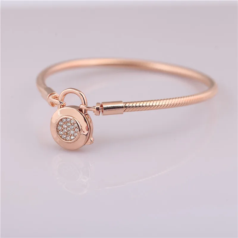 925 sterling silver bracelet Rose gold Moments Pavé Padlock Clasp Snake Chain Bracelet Birthday present