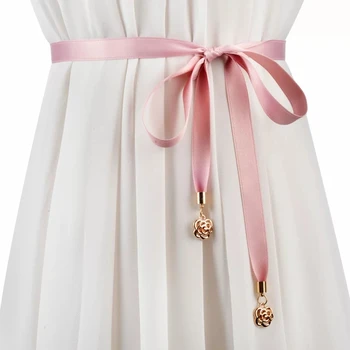 

Pink Ribbon Thin Sash Satin Belt Golden Metal Rose Pendant Tassel Lace Up Bow Sashes For Dress Gown Sweater Trench Coat Shirt