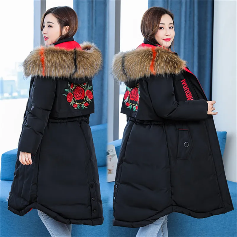 

2019 Winter Parkas Women Plus Size 5XL Embroidery Cotton Jacket Fur Collar Hooded Female Thicken Cotton-padded Coat LM104
