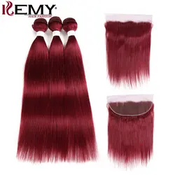 99J/бордовый красный цвет бразильские прямые человеческие волосы пучки с фронтальным 13*4 kemy Hair предварительно цветные не Реми волосы