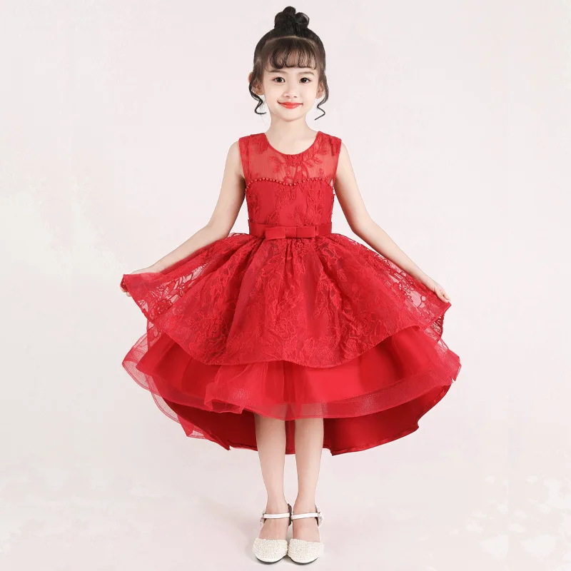 Рождественское пышное платье принцессы для девочек; вечернее платье на свадьбу; платье-пачка с цветочным узором для девочек; детская праздничная одежда со шлейфом - Цвет: Red