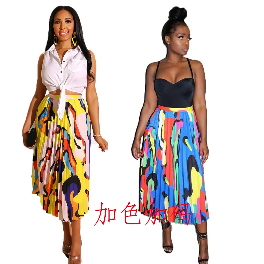 Новинка, женские летние плиссированные юбки до середины голени с высокой талией и разноцветными волнистыми полосками, винтажная одежда для активного отдыха, повседневная юбка, 2 цвета
