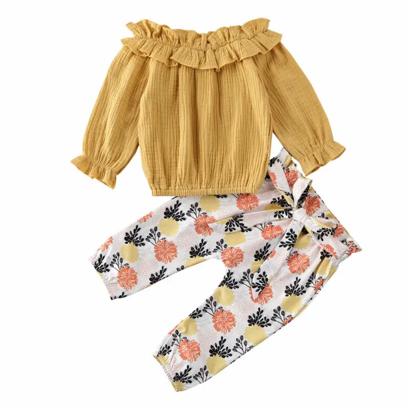

1-5Y Toddler Baby Girl Kid Clothes Sets Off Shoulder Long-sleeved Tops Flower Print Pants Clothes Set