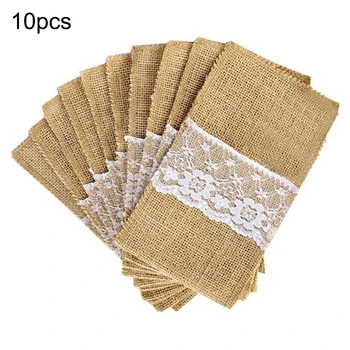 

10pcs Christmas Natural Jute Burlap Lace Cutlery Tableware Holders Fork Knife Packaging Bags for Wedding Party Table Decor